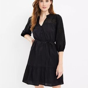 LOFT Dotted Lace Trim Flounce Swing Dress NWT Black